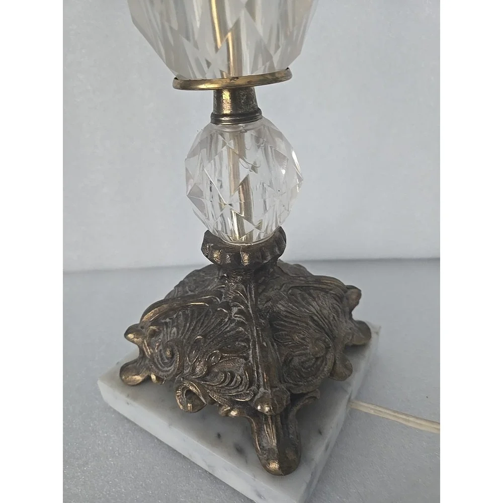 Vtg Hollywood‎ Regency Lamp Bronze Scrolls Marble Base Crystal Glass Belly 1970s